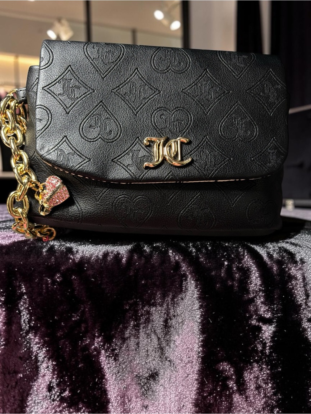 NWT Juicy Couture Top Notch Mini Wristlet Black Logo Print Gold Chain